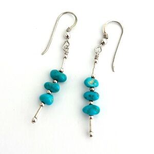 Vintage Sterling Silver Genuine Turquoise Gemstone Hook Boho Dangle Earrings